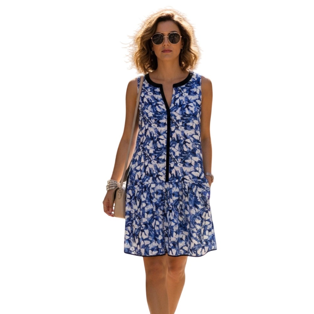BFQ) The Letter Women Blue White Abstract Sleeveless V Neck Dress‎ Size M